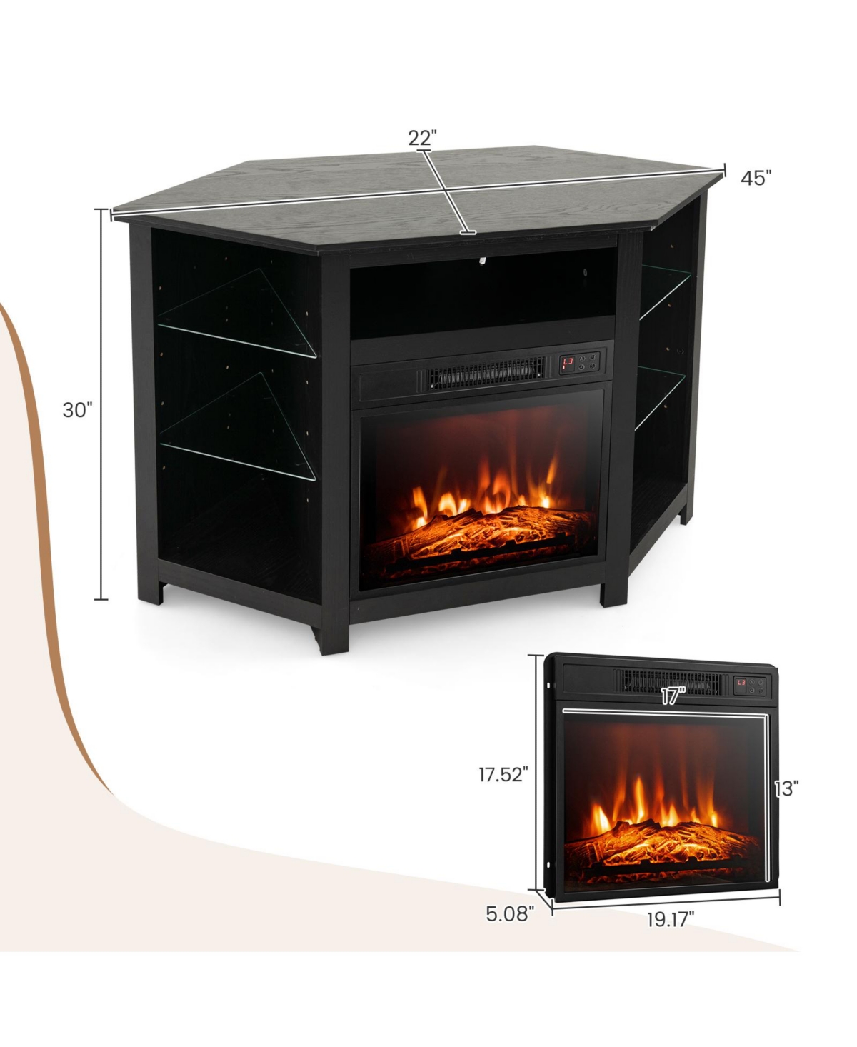 Gouun Fireplace Corner Tv Stand with Led Lights and Smart App Control for Inches Tv