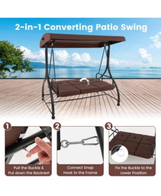3-Seat Outdoor Porch Swing with Adjustable Canopy and Convertible Bed