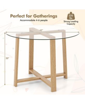 42 Inches Round Glass Dining Table with Tempered Glass Tabletop and Rubber Wood Legs