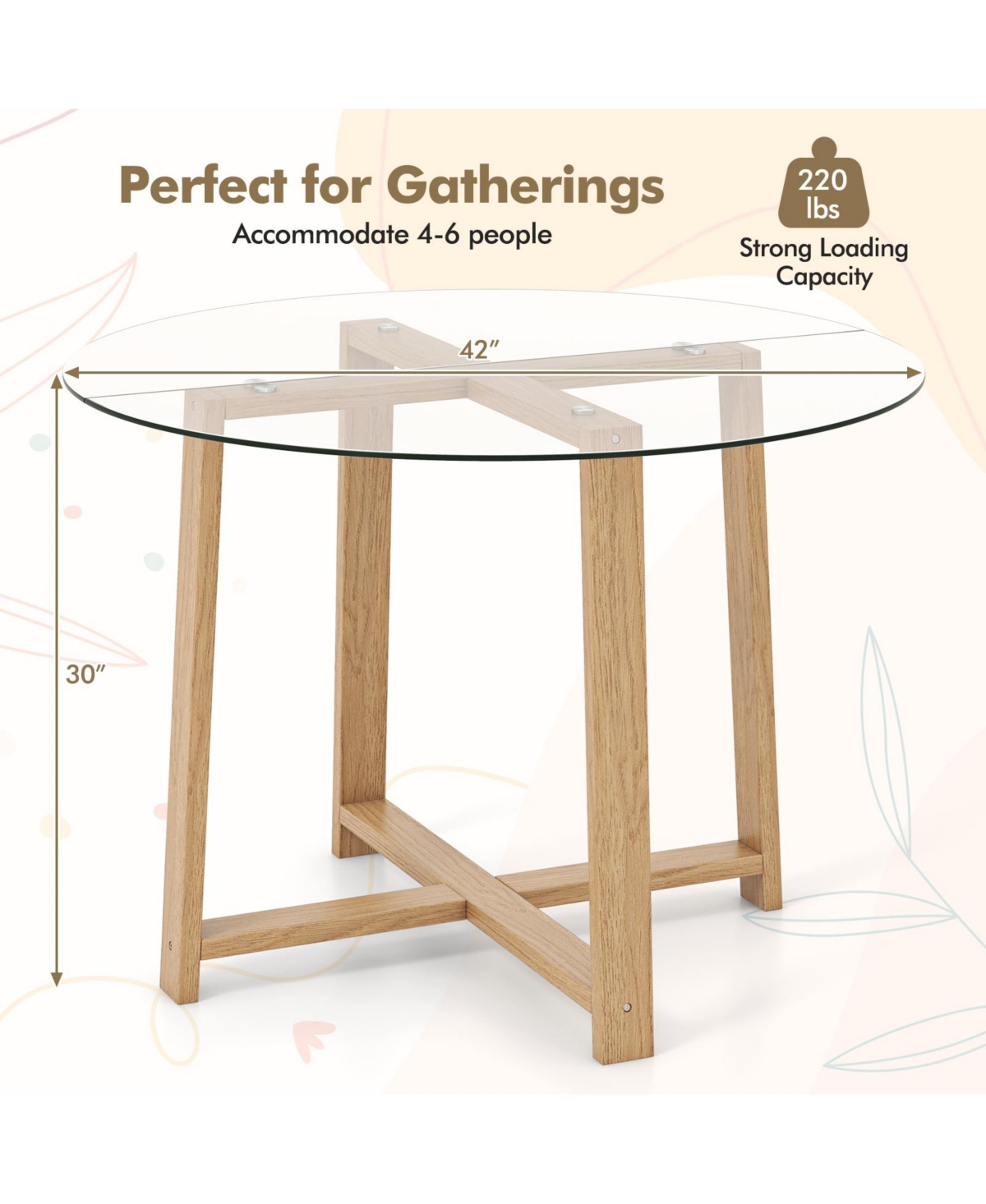 Gouun Inches Round Glass Dining Table with Tempered Glass Tabletop and Rubber Wood Legs