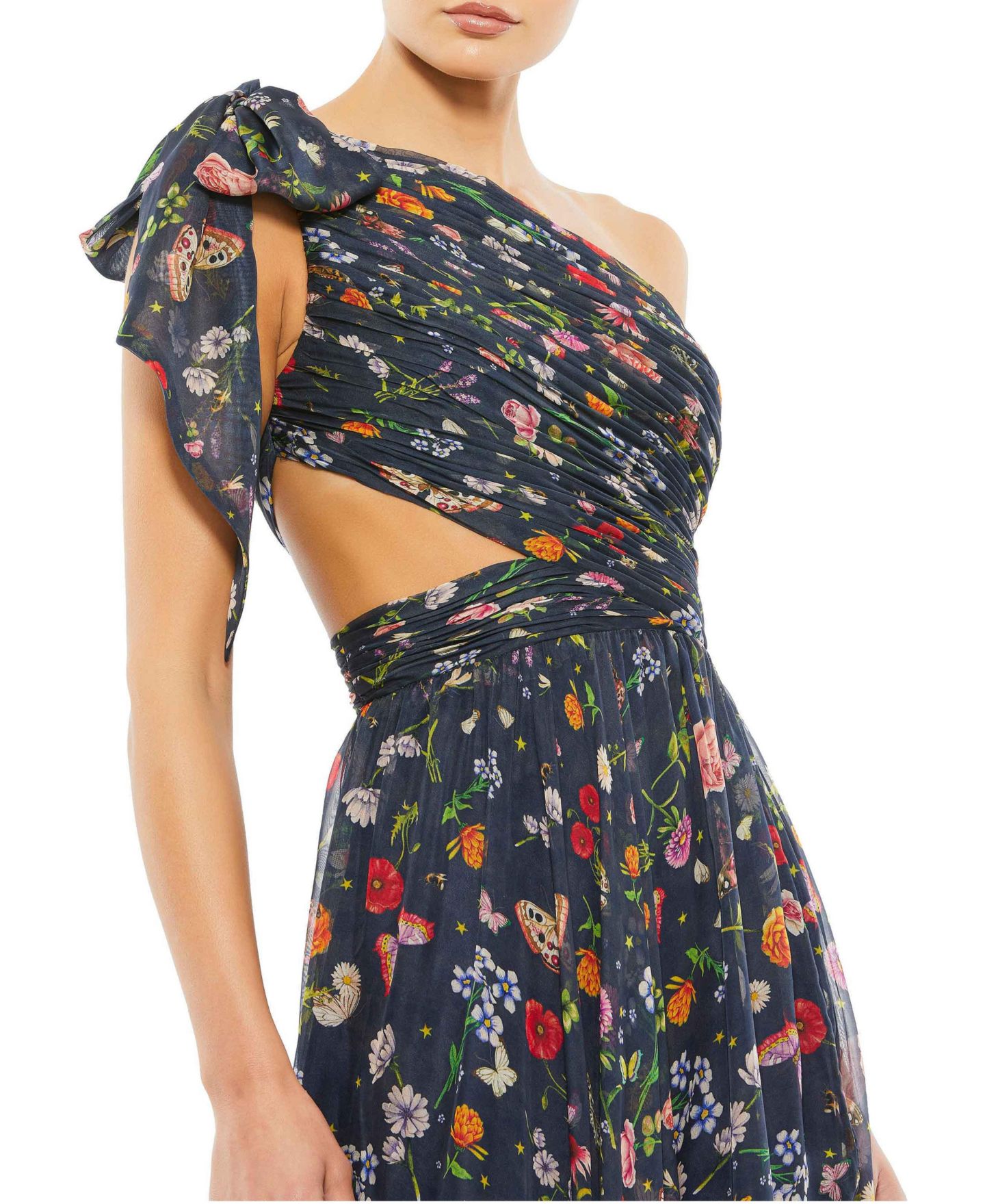 Женское платье Mac Duggal Tied One Shoulder Cut-Out Flowy Gown, цвет: Тёмно-синий разноцветный — фото 3