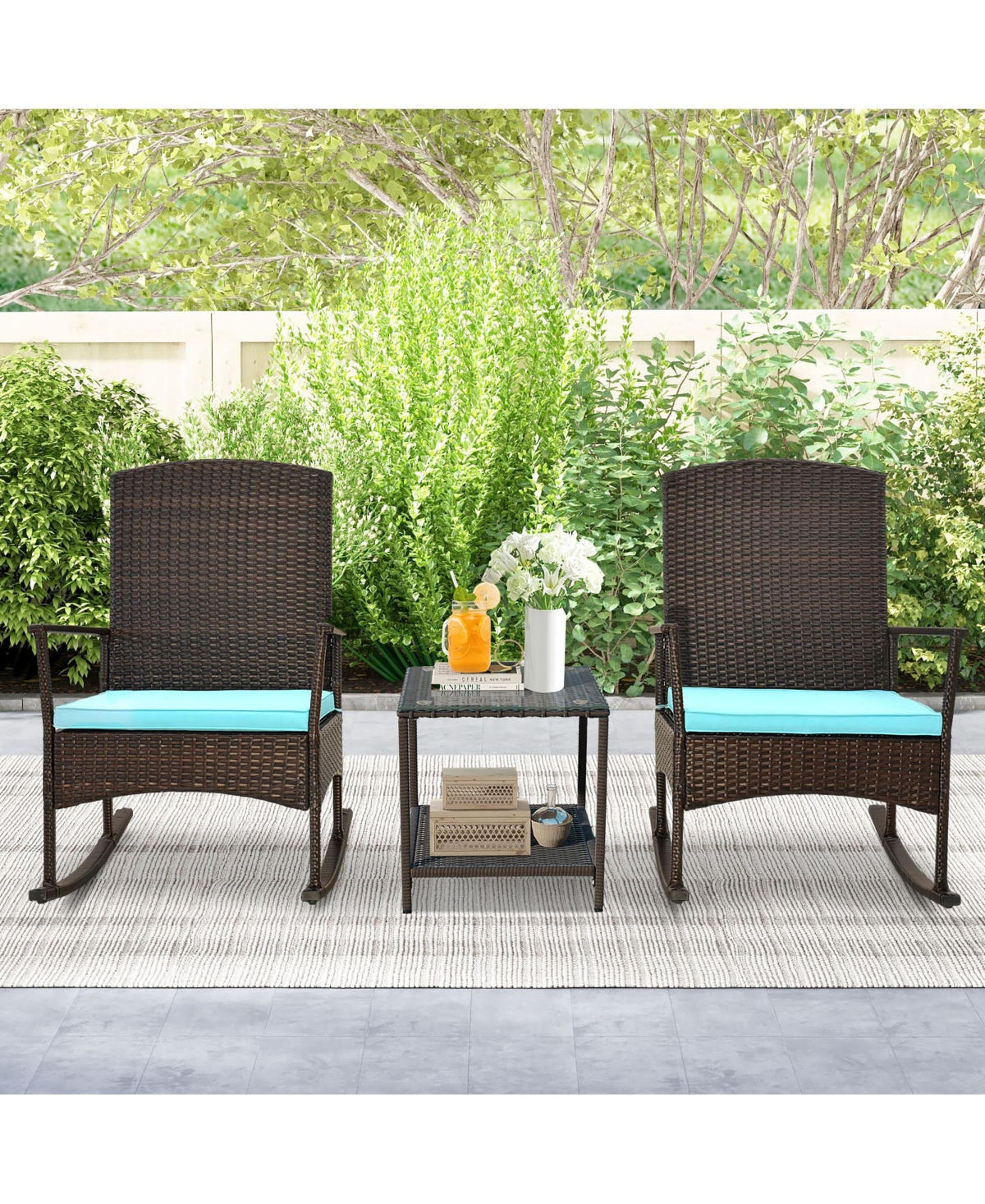 Gymax 3 Pieces Rocking Wicker Bistro Set Outdoor Front Porch Rocker Chairs Conversation Set- Turquoise/aqua+mix brown