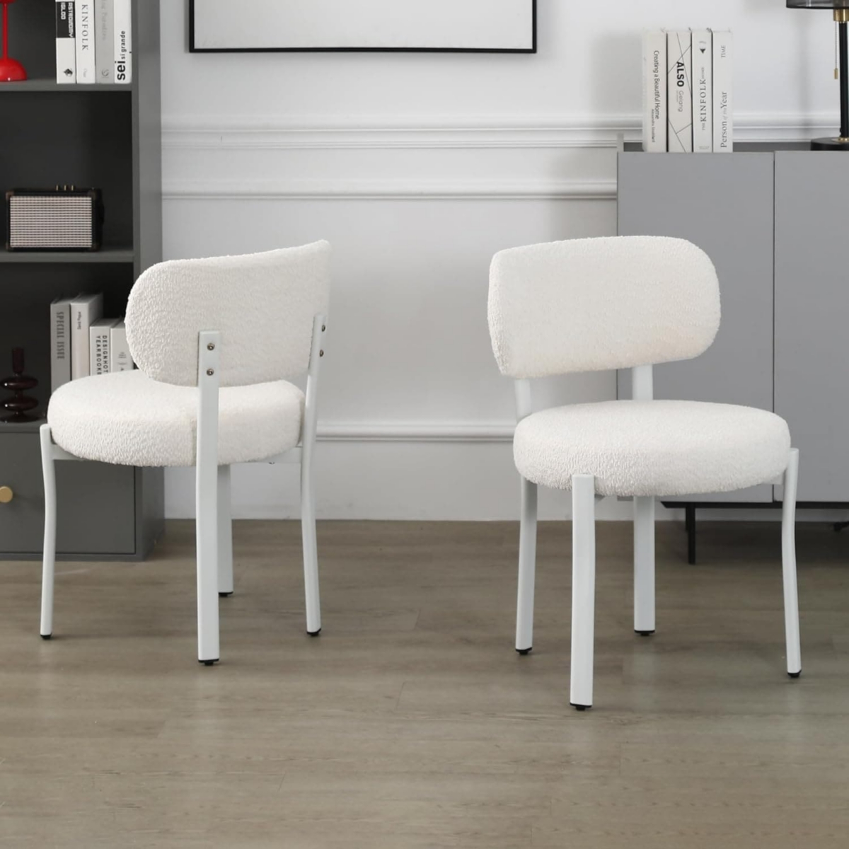 Dyhome Dining Chairs Set of 2, Upholstered Modern Dining Room Chairs, Tufted Sherpa Boucle Kitchen Chairs, Mid Century Dining Chair withMetal