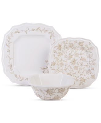 Batik Toile Taupe Porcelain 12 Pc. Dinnerware Set, Service for 4