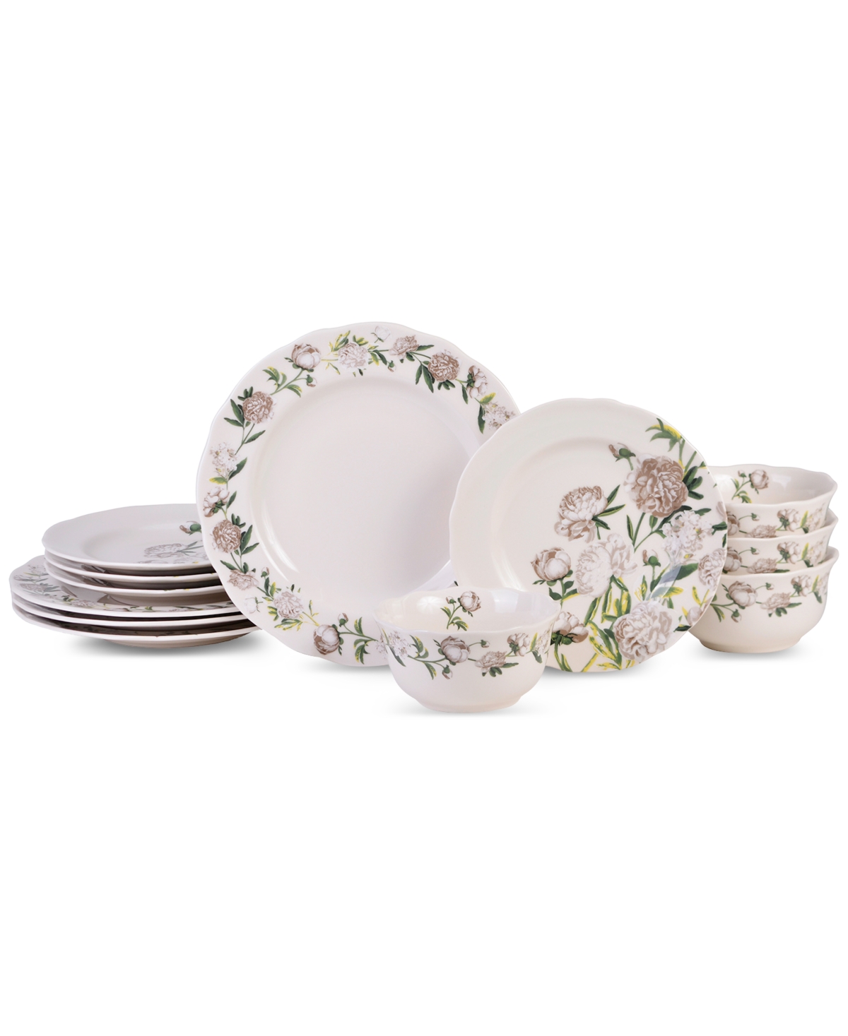 Luxe Peony Neutral Porcelain 12 Pc. Dinnerware Set, Service for 4 - Crealm