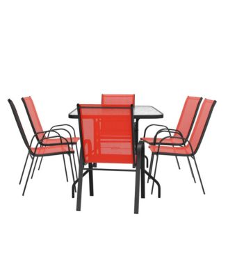 7-Piece Patio Table Set with Metal Table and Tempered Glass Top and 6 Flex Comfort Stacking Chairs