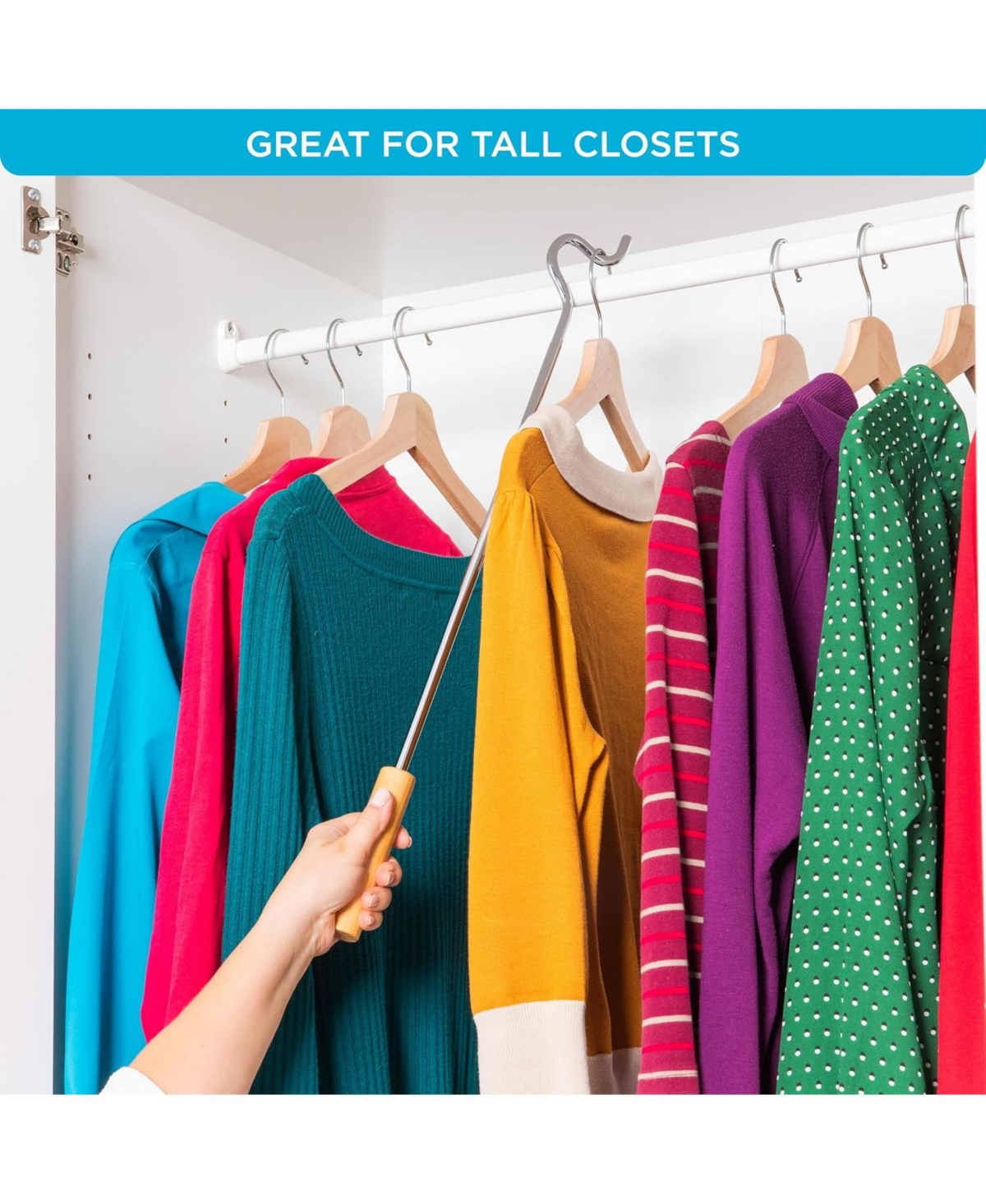 Florida Brands Closet Reacher Pole with Hook and Wooden Handle. Adjustable 2.75 to 5 Feet