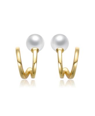 Sterling Silver 14K Gold Plated with White Freshwater Pearl Curved Earrings