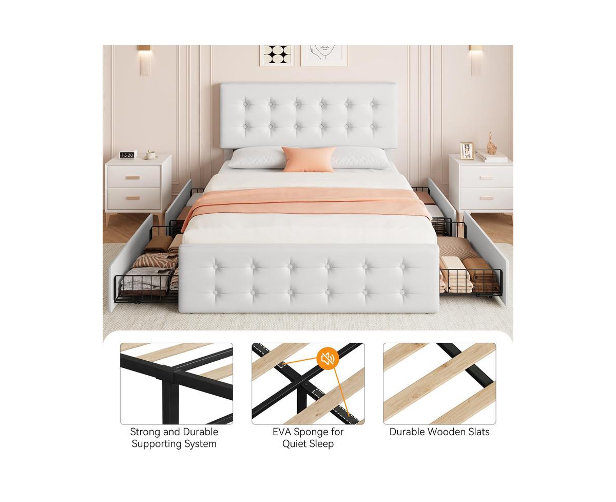 gaomon Size Bed Frame with 4 Storage Drawers and Headboard, Faux Leather Upholstered Platform Bed Frame with Wooden Slats Support, Button Tufted