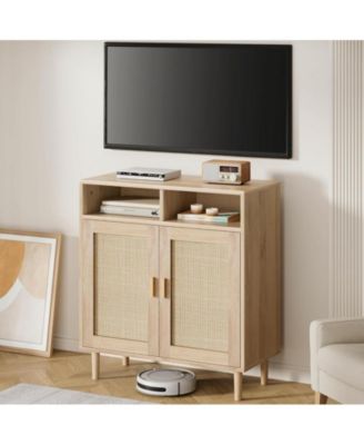31.5" Rattan 2-Door Shelf Cabinet + Modern Accent + Buffet Storage + Kitchen Sideboard Furniture