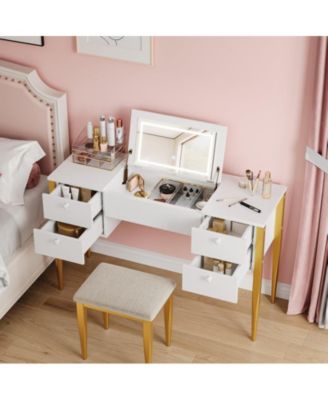 47" Makeup Vanity Desk with Flip Top Mirror and Lights, 3 Lighting Mode, 3 in 1 Vanity Table with 5 Drawers, Make Up Vanity Set with Chair for Bedroom