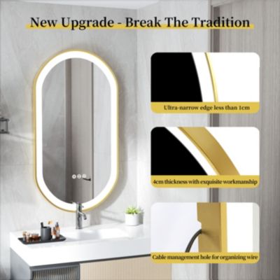 Oval Led Bathroom Mirror Gold Frame Makeup Mirror Anti-Fog Stepless Dimming 3 Color