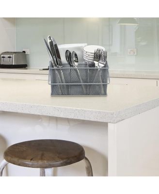 Mesh Utensil Caddy - Organize & Serve in Style! Perfect for Kitchen, Parties, and More. Multi-purpose with Compartments & Sturdy Handle -Silver