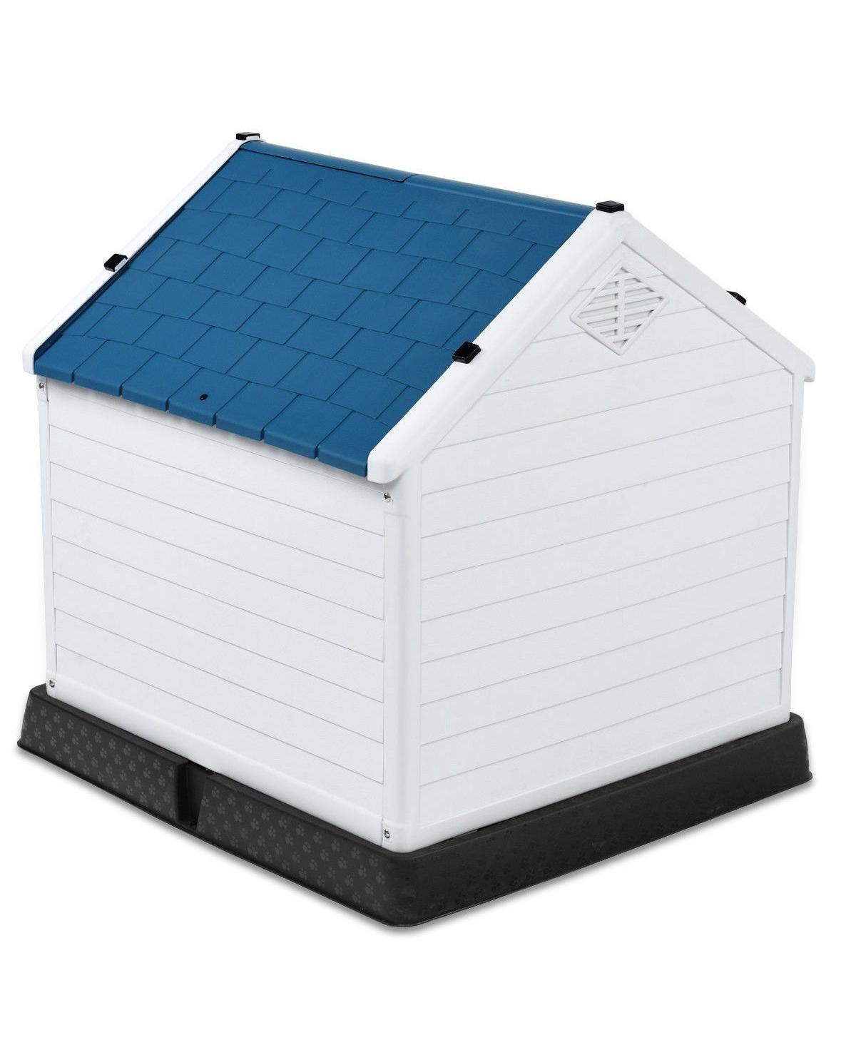 Slickblue Medium size Dog House Outdoor White Blue Plastic with Elevated Floor - Blue-White