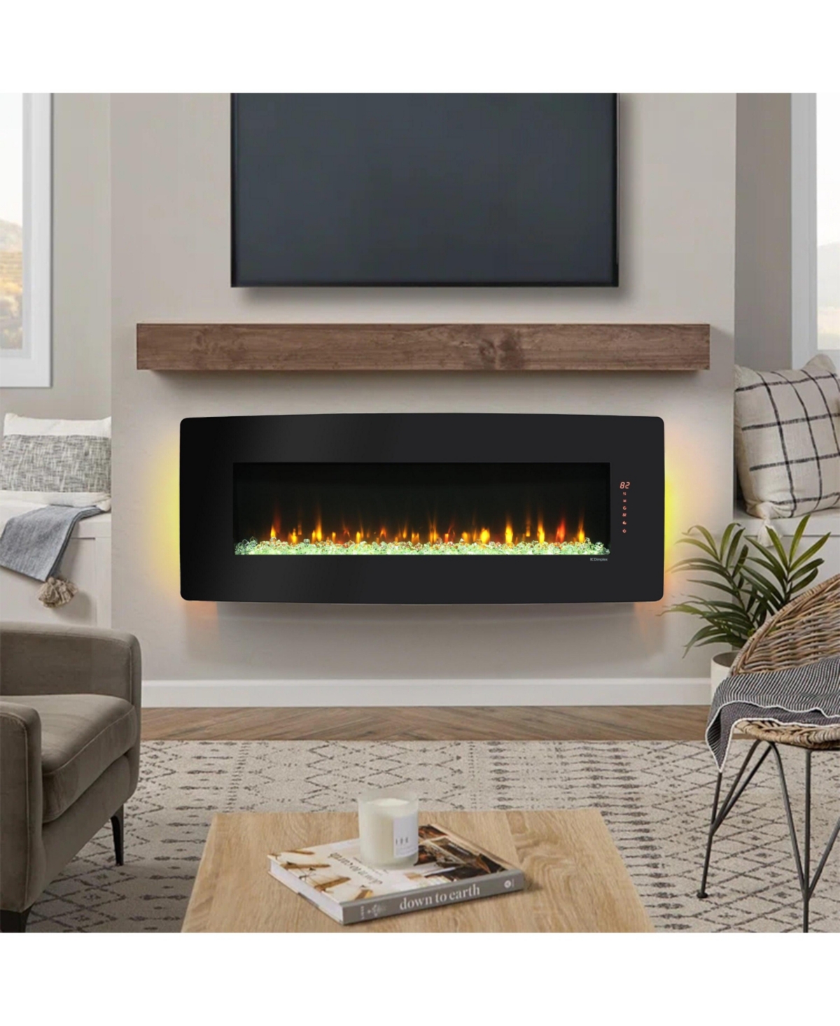 Mondawe Curved Front Wall Mounted Electric Fireplace With Remote Multi Color Flame&Emberbed