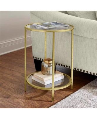 Round Accent Side Table Metal Glass Top Bottom Shelf End Table