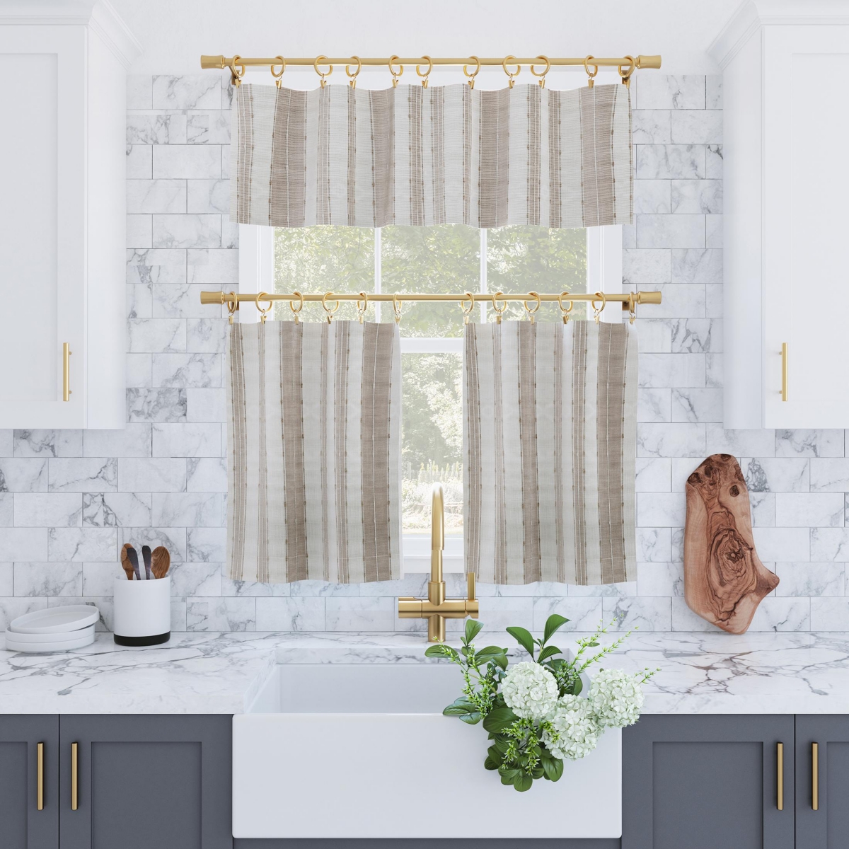 Slub Texture Stripe Cotton Cafe Curtain Pair