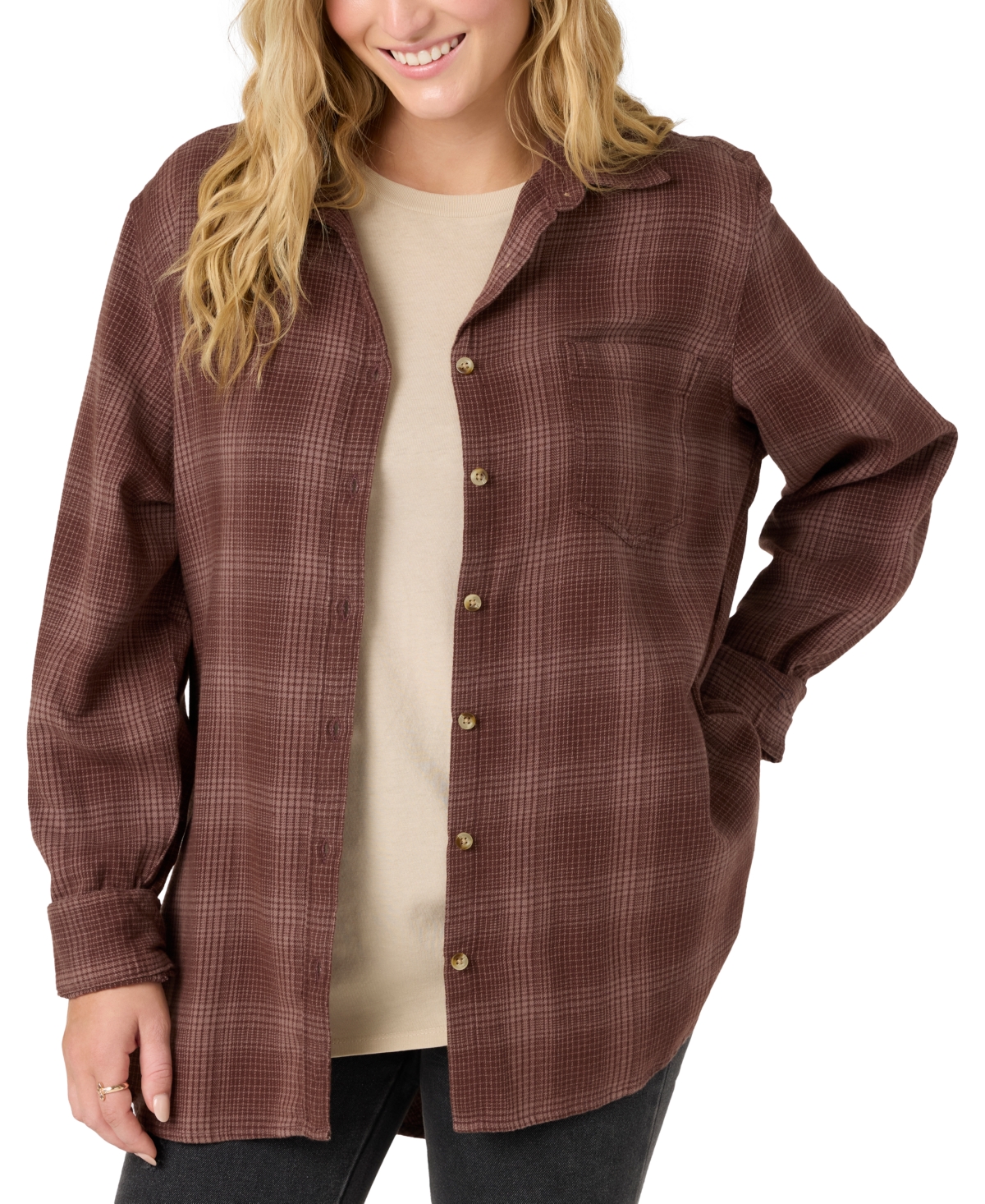 O'neill Juniors' Travys Plaid Print High-low-hem Cotton Shirt In Deep Taupe