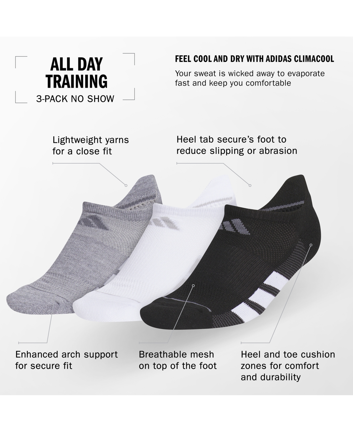 ADIDAS ORIGINALS WOMEN'S 3-PK. ALL DAY TRAINING NO SHOW SOCKS 