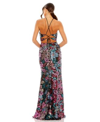 MAC DUGGAL クロスバック ガウン Sequined & Criss-Cross Mac Duggal Black Floral Sequin Criss Cross Bodice Side Slit