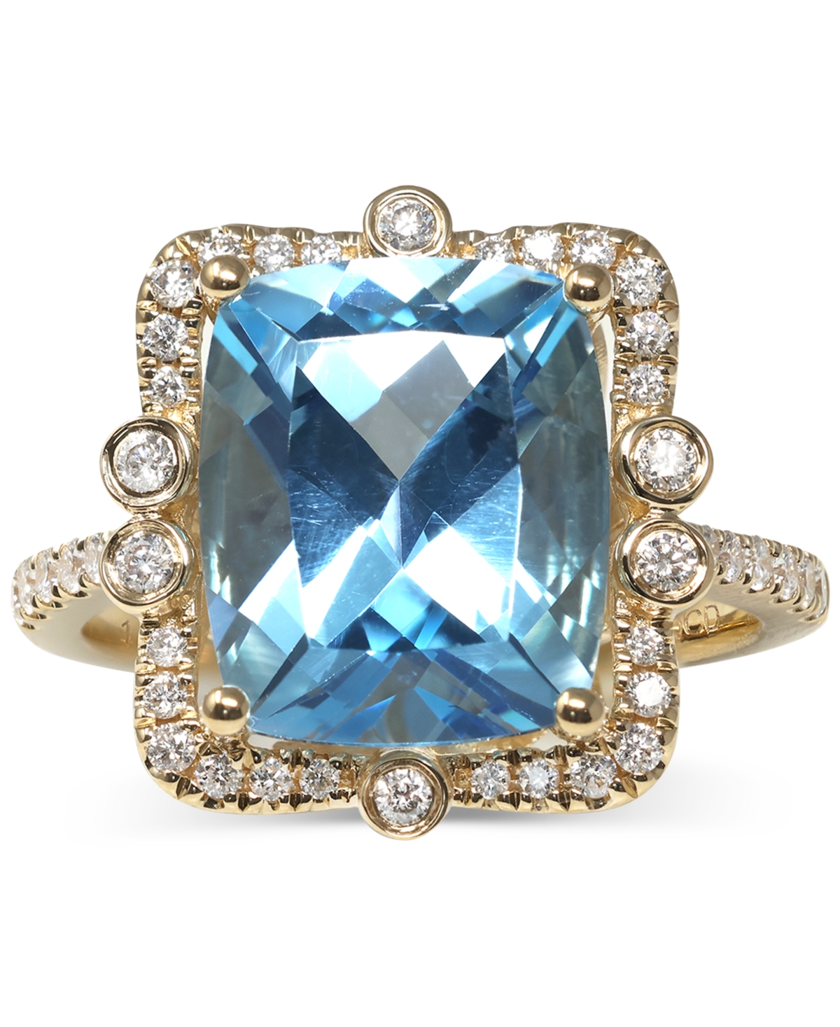 Macy's Blue Topaz (6 Ct. T.w.) & Diamond (1/2 Ct. T.w.) Cushion Halo Ring In 14k Gold In Blue Topaz