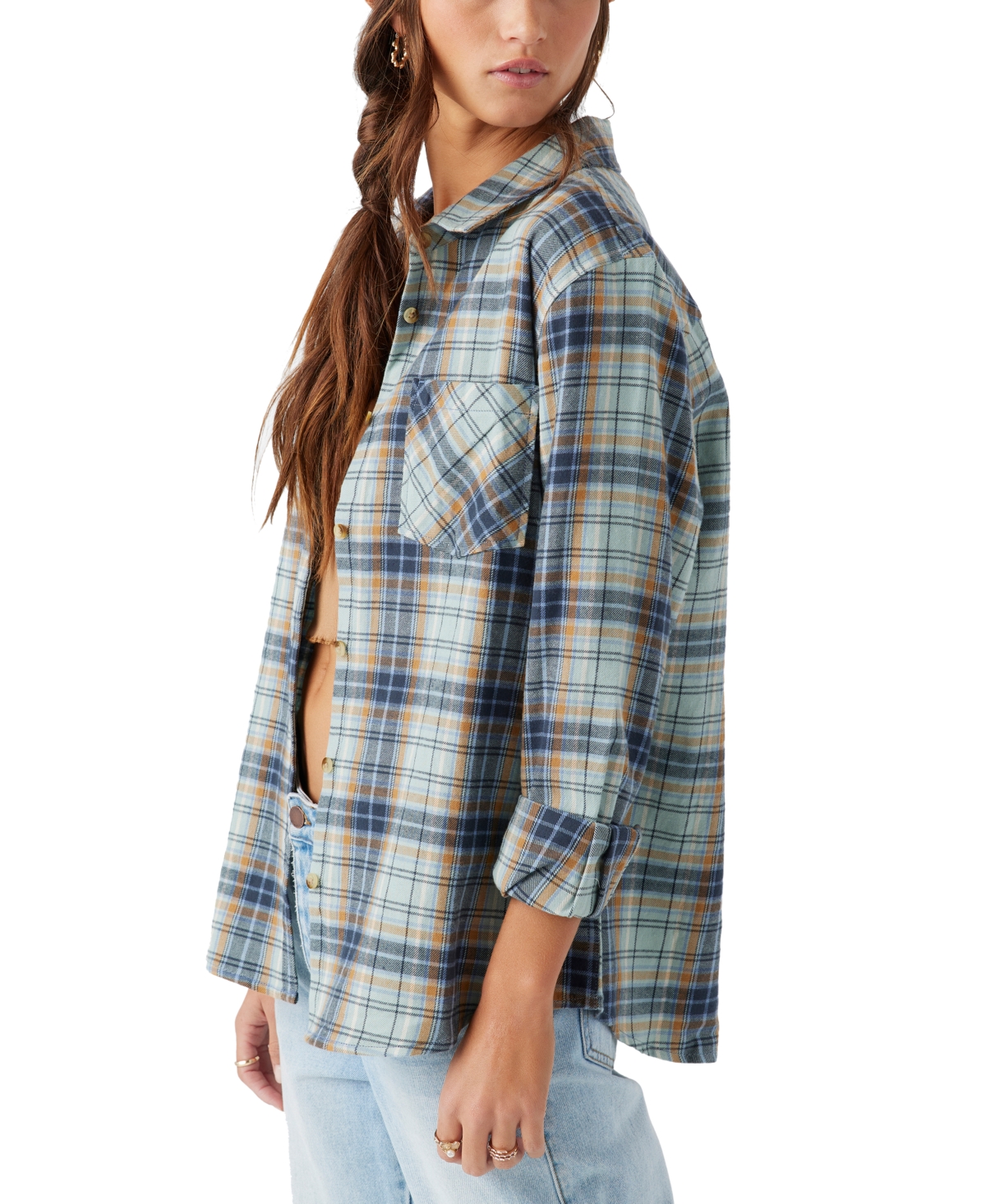Shop O'neill Juniors' Logan Plaid Cotton Flannel Button-front Shirt In Infinity