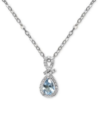 Macy's - Aquamarine (5/8 ct. t.w.) & Diamond (1/6 ct. t.w.) Pear Halo 18" Pendant Necklace in 14k White Gold