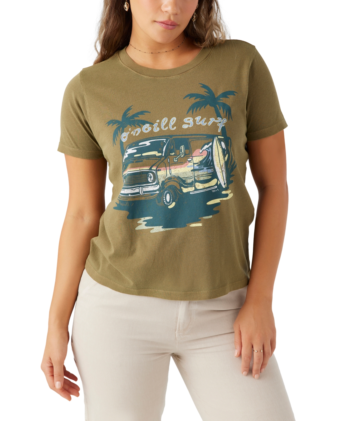 Juniors' Folky Crewneck Cotton Graphic T-Shirt - Military Olive