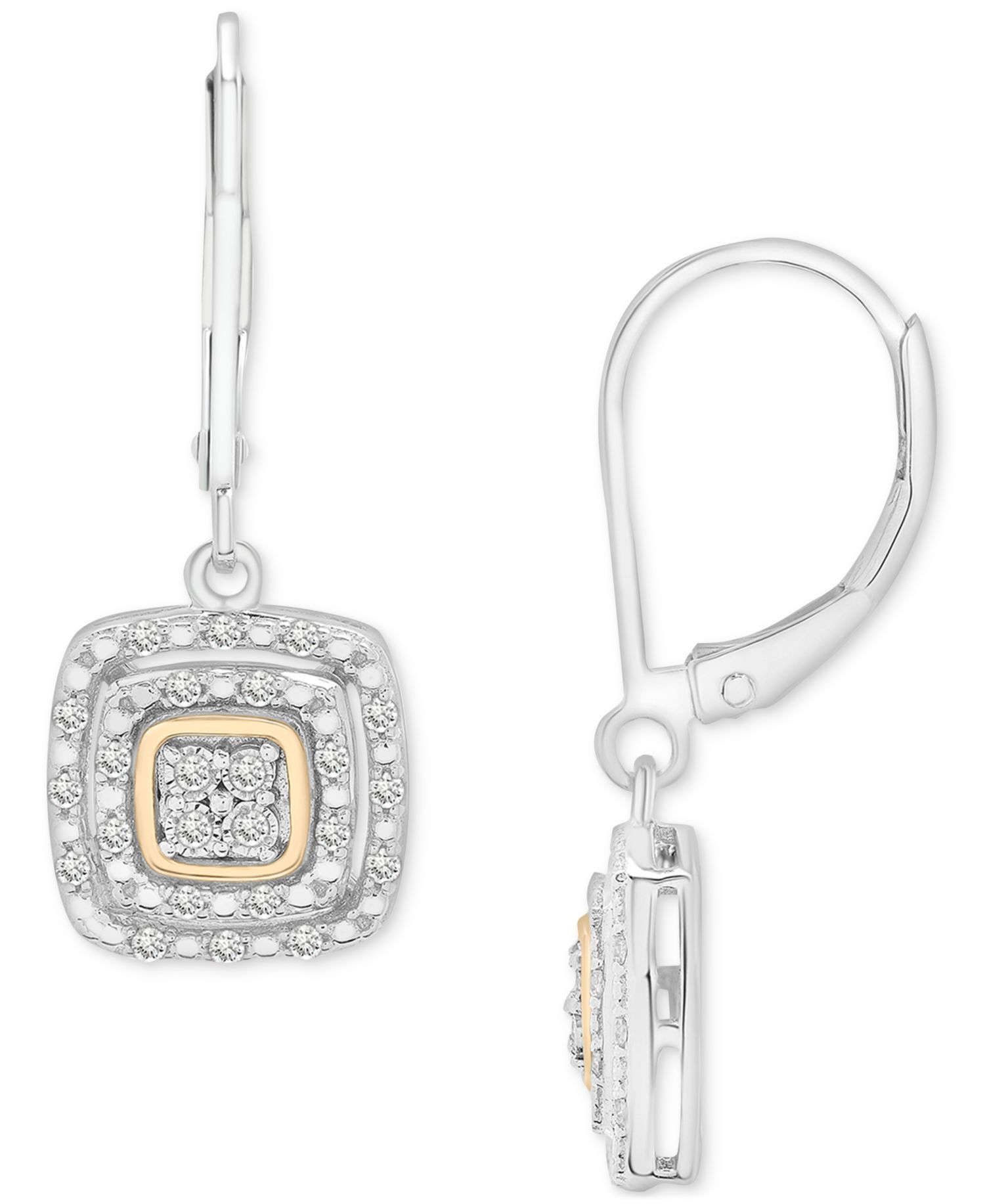 Diamond Cushion Drop Earrings (1/4 ct. t.w.) in Sterling Silver & Gold Plate