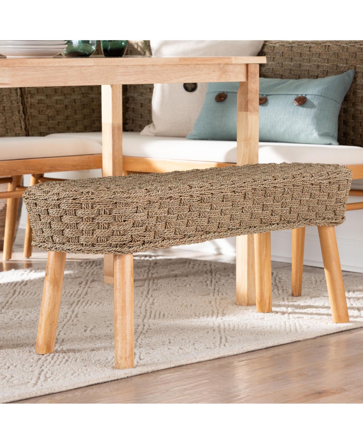 bali & pari Denver Modern Bohemian Natural Seagrass and Acacia Wood Accent Bench -natural brown