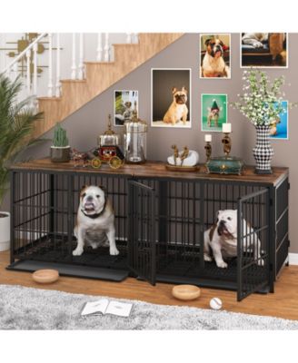 Furniture Style Wooden Dog Crate Pet Kennel End Table with Three Doors and Tray