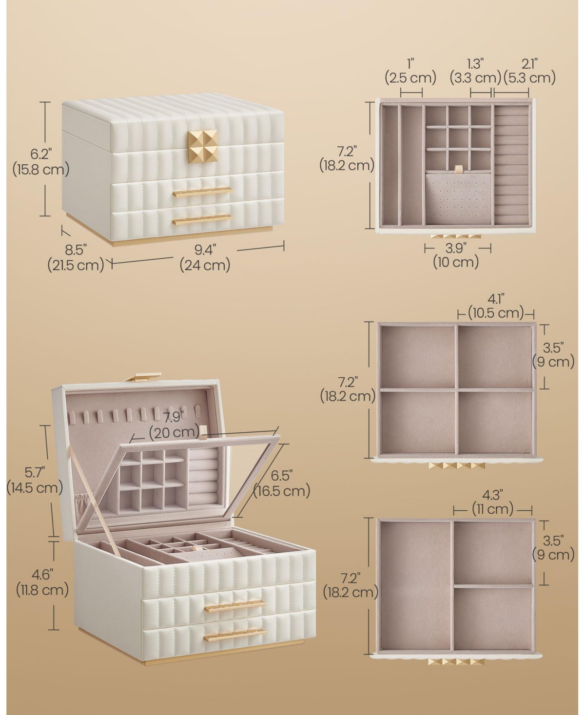 Slickblue 3-Tier Jewelry Box with Mirror, Jewelry Organizer with 2 Drawers, Pu Surface with Stitching, Floating Effect
