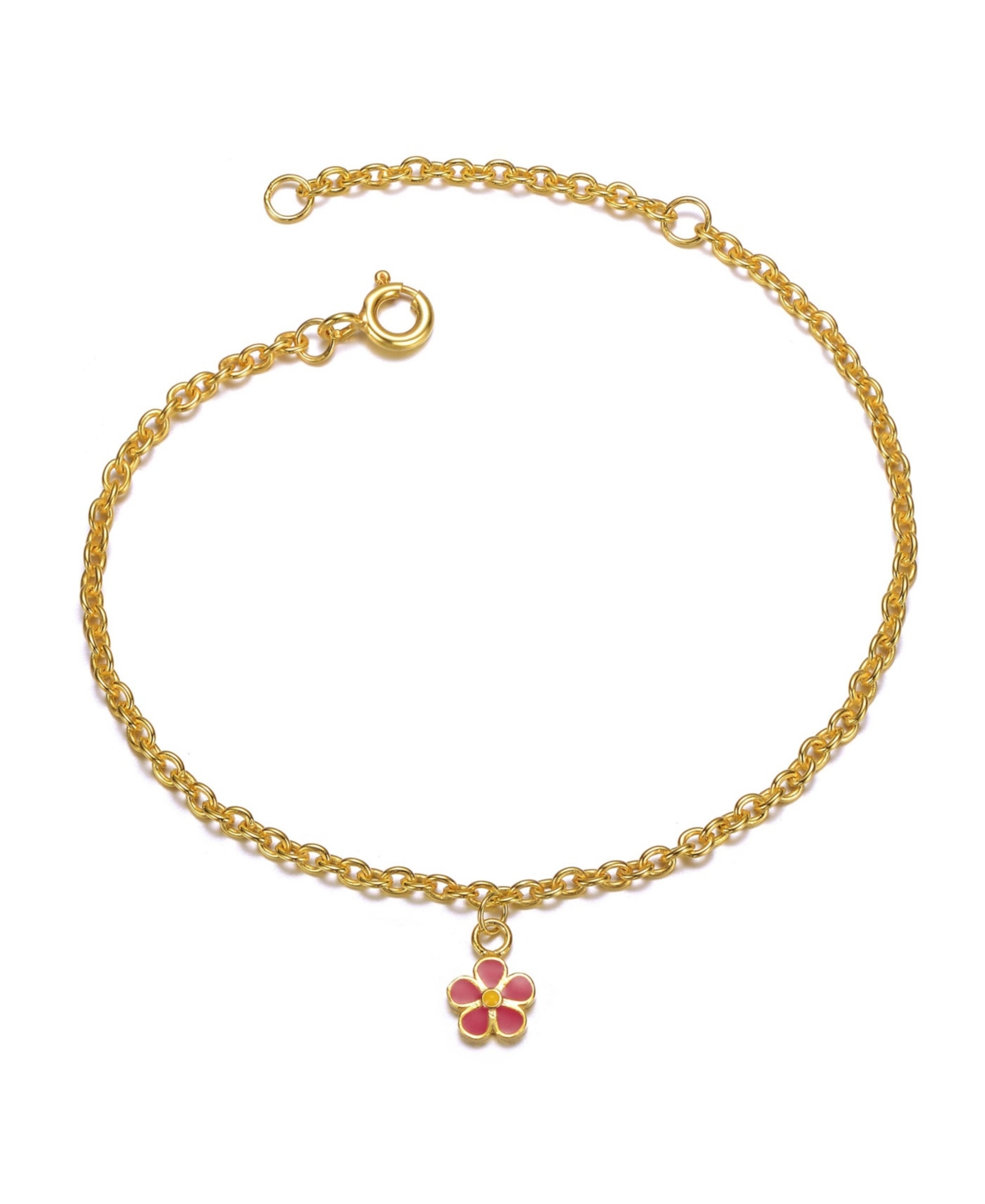 14k Gold Plated Fuchsia-Red Daisy Flower Drop Charm Bracelet - Gold