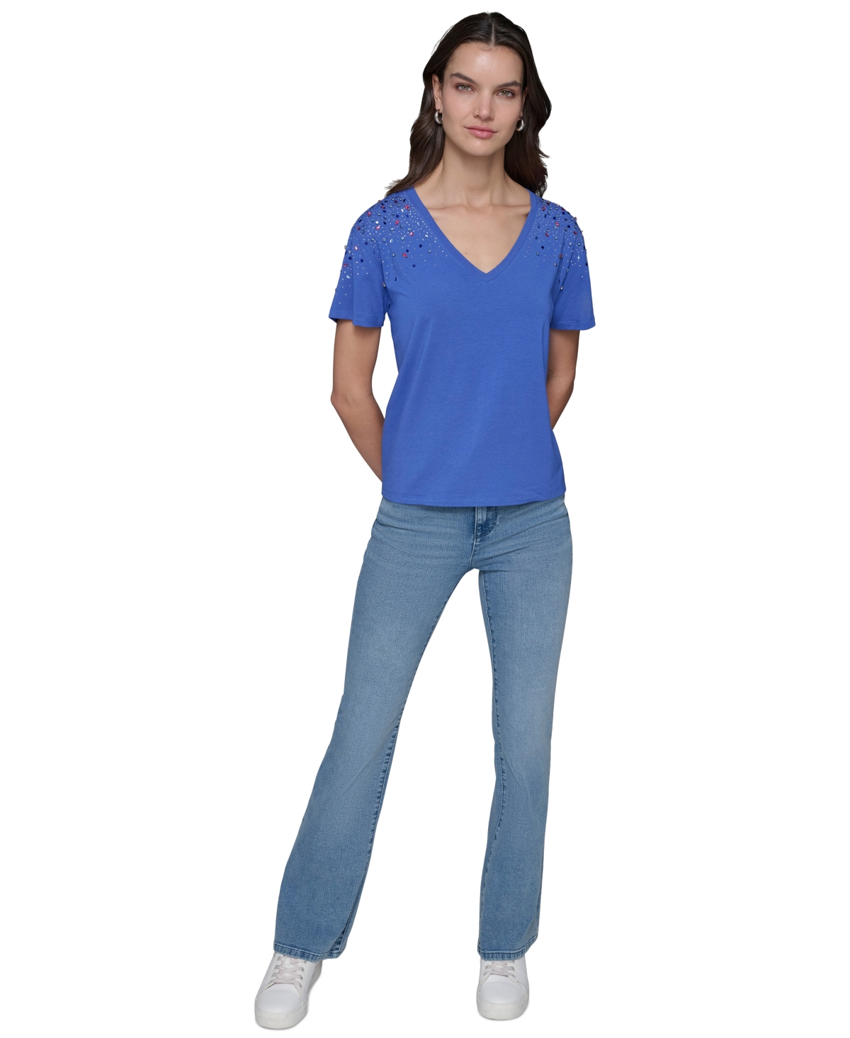 Shop Karl Lagerfeld Women's Embellished V-neck T-shirt In Electric Indigo