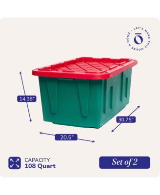 Durable 27 Gallon Heavy Duty Holiday Storage Tote, Green/Red, (4 Pack)