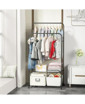 Double Rail Clothes Stand: Garment Rack on Wheels with Storage Shelves