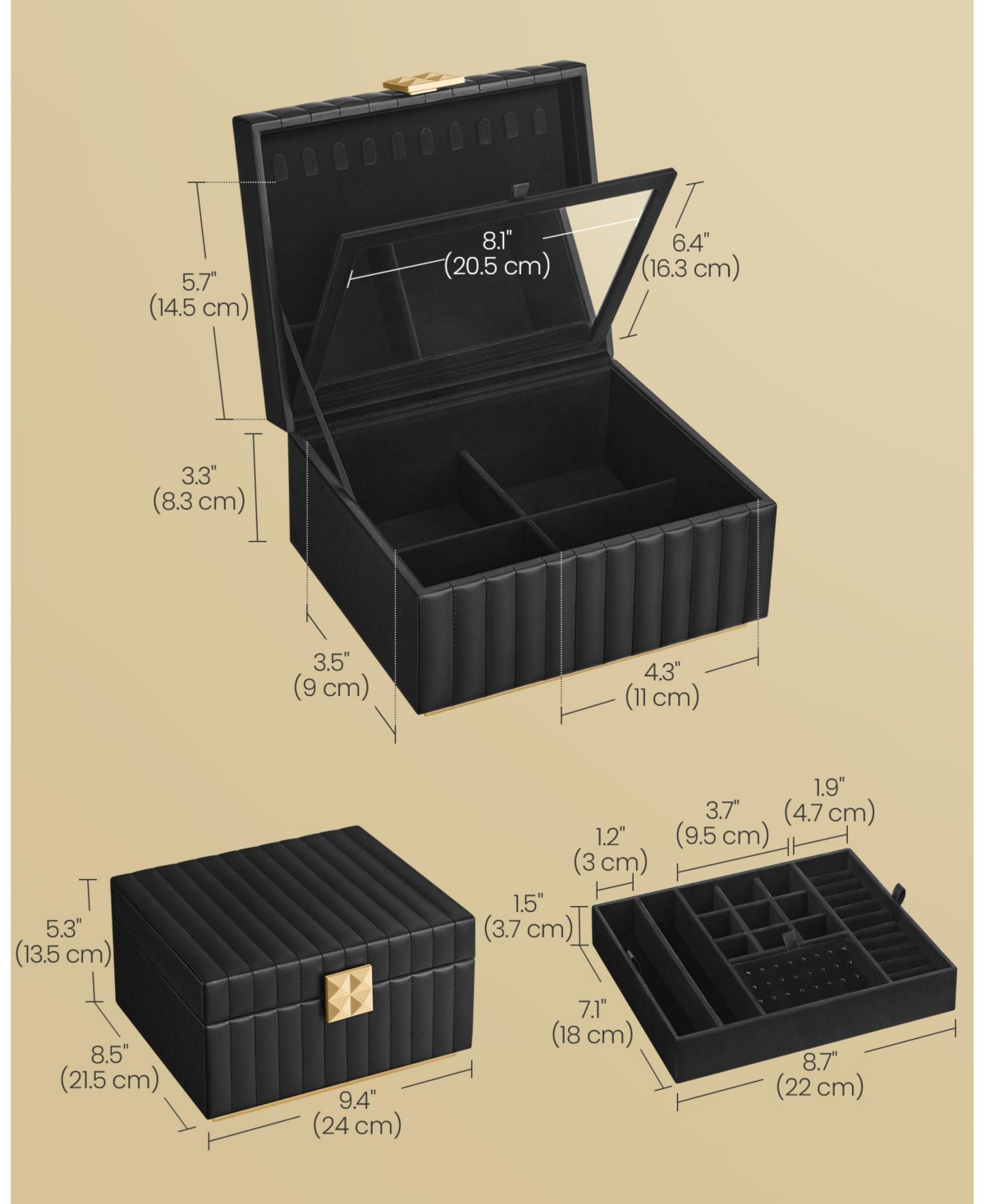 Slickblue 2-Tier Jewelry Box with Mirror – Jewelry Organizer with Removable Tray, Pu Surface with Stitching and Floating Effect