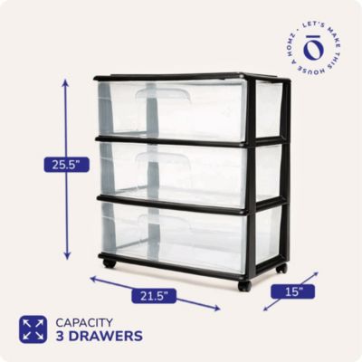 Tall Solid Plastic 3 Drawer Medium Storage Cart with Caster Wheels, Black