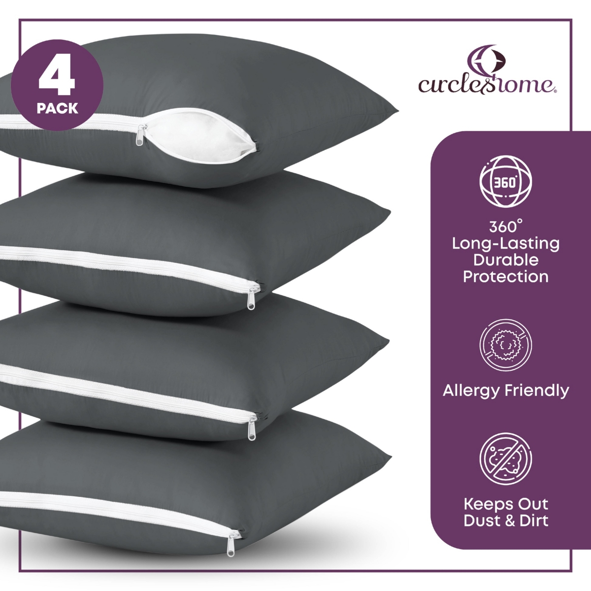 Circles Home Circles Home, 100% Cotton Zippered Pillow Protector 4 Pack