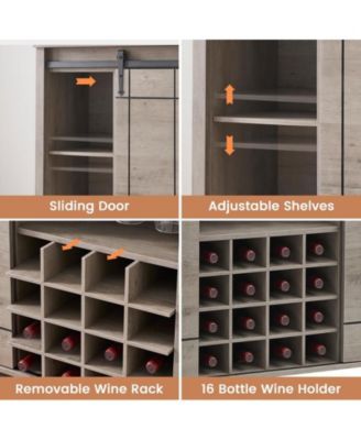 Farmhouse Sliding Barn Door Wine Rack Coffee Bar Cabinet