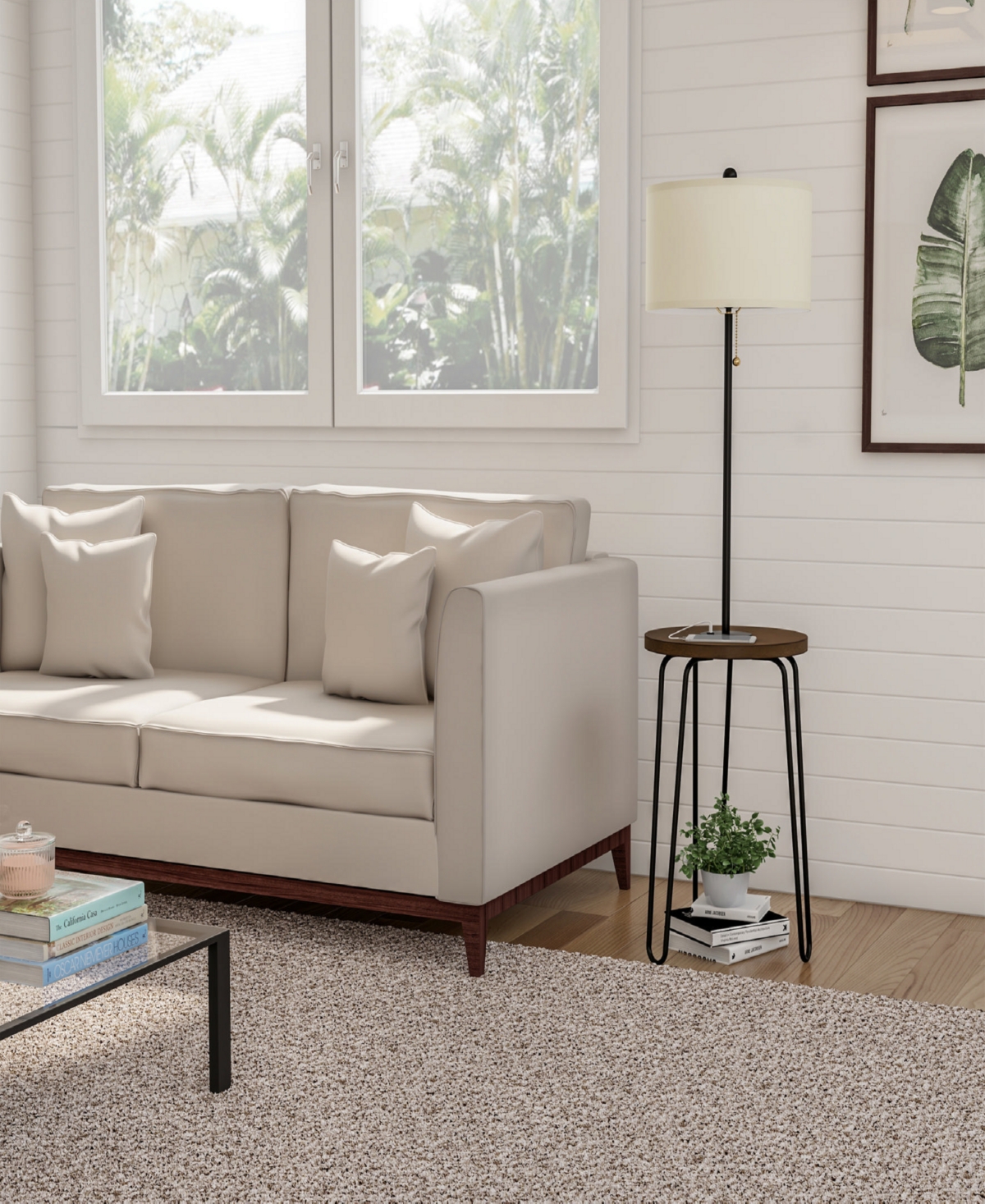 Lavish Home 59" Usb Port And Hairpin Legs Floor Lamp With Table In Brown,black And Off-white