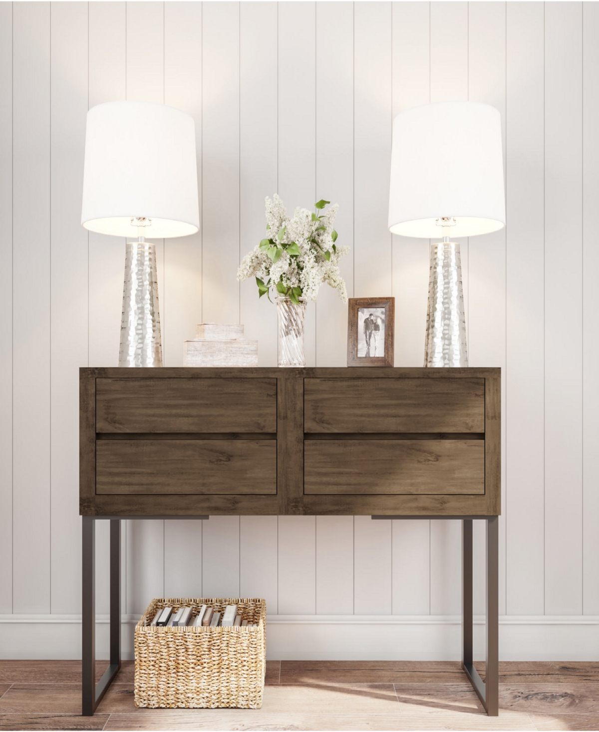 Lavish Home 26" Hammered Flared Drum Shaped Table Lamp Set In Brushed Silver