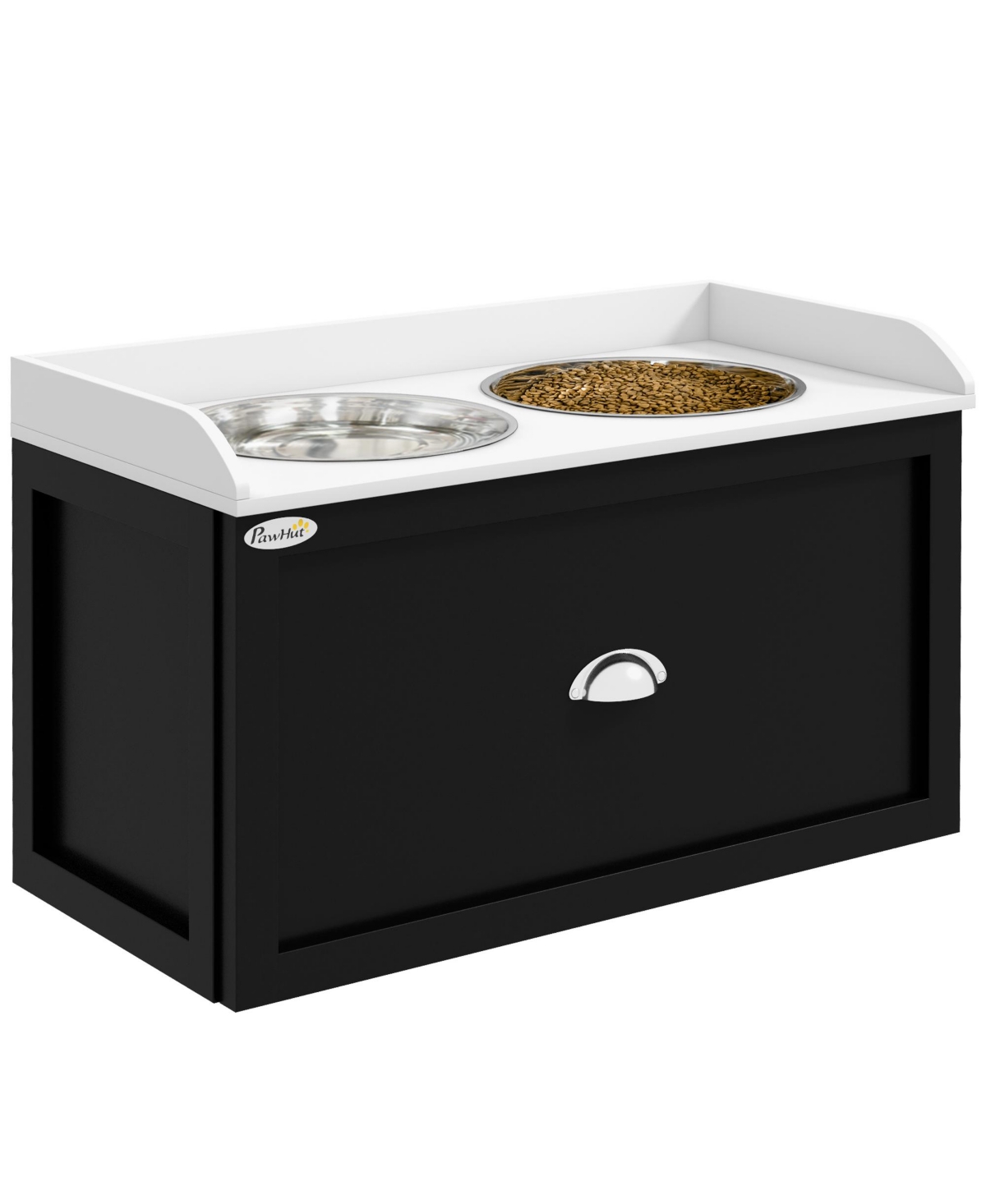Dog Feeding Station w/ Storage Drawer, 2 Elevated Dog Bowls, - White, black