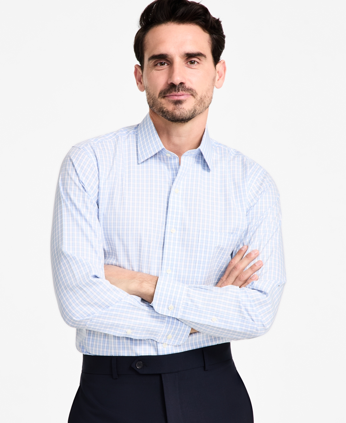 Men's Regular-Fit Non-Iron Spread Collar Gingham Pinpoint Dress Shirt - Light Blue