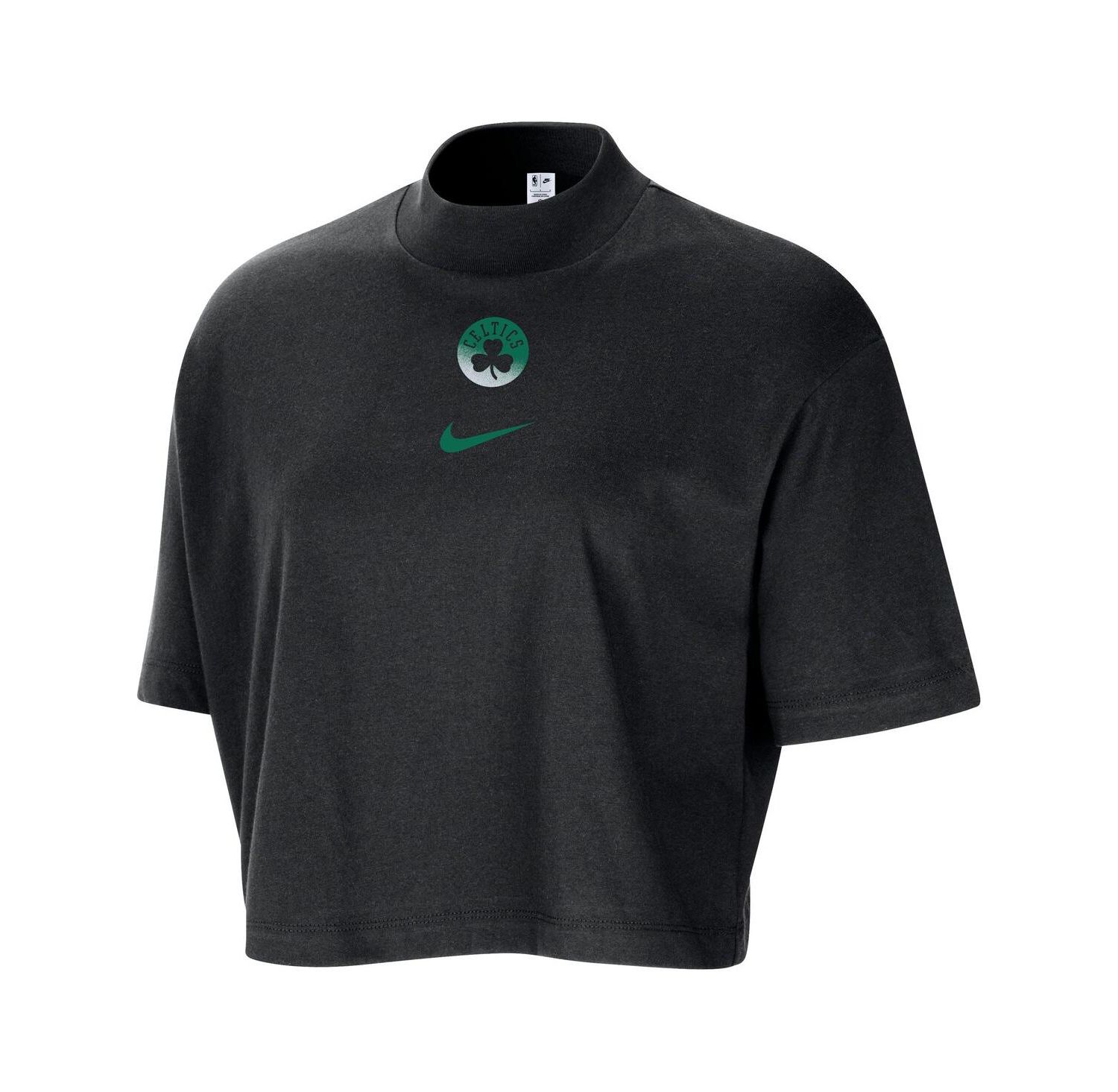 Women's Black Boston Celtics Courtside Mock Neck Loose Fit Cropped T-Shirt