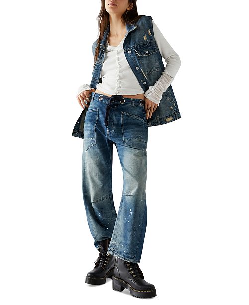 alfani Free People Women's Cotton Moxie Low-Slung Barrel Jeans Women's Fashion Shoes & Accessories