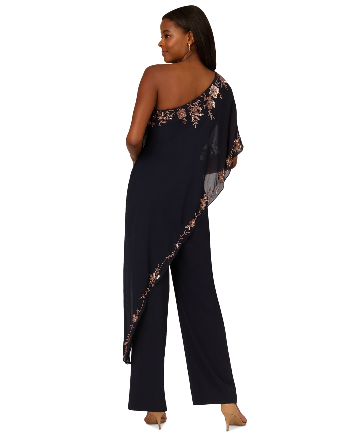 ADRIANNA PAPELL WOMEN'S ONE-SHOULDER EMBELLISHED-OVERLAY JUMPSUIT
