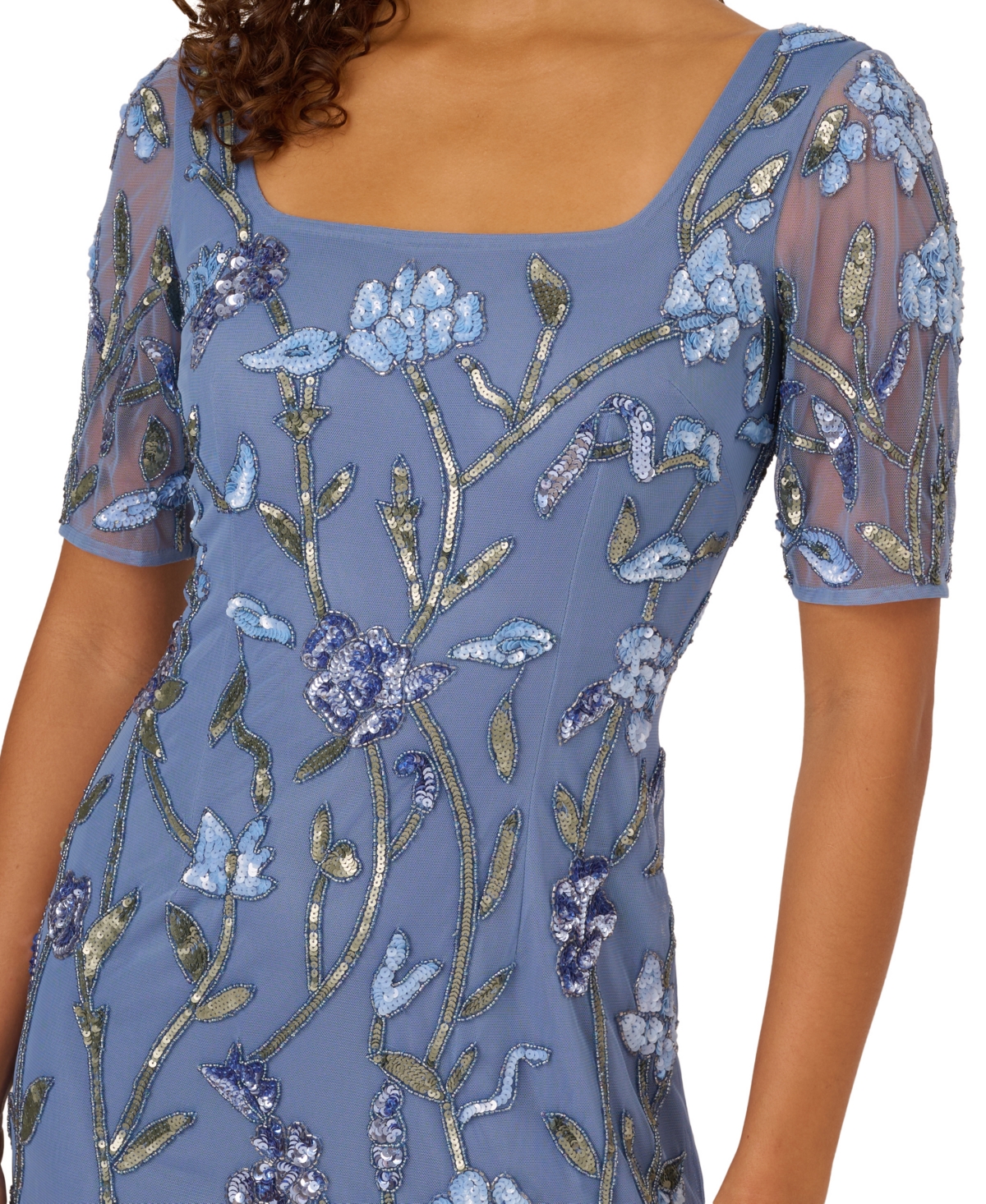 Adrianna Papell Sequin Floral Mesh Mermaid Gown In French Blue