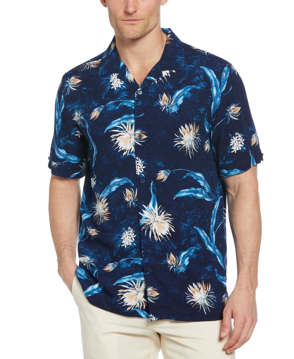 Men's Big & Tall Short Sleeve Button-Front Floral Print Camp Shirt - Navy Iris