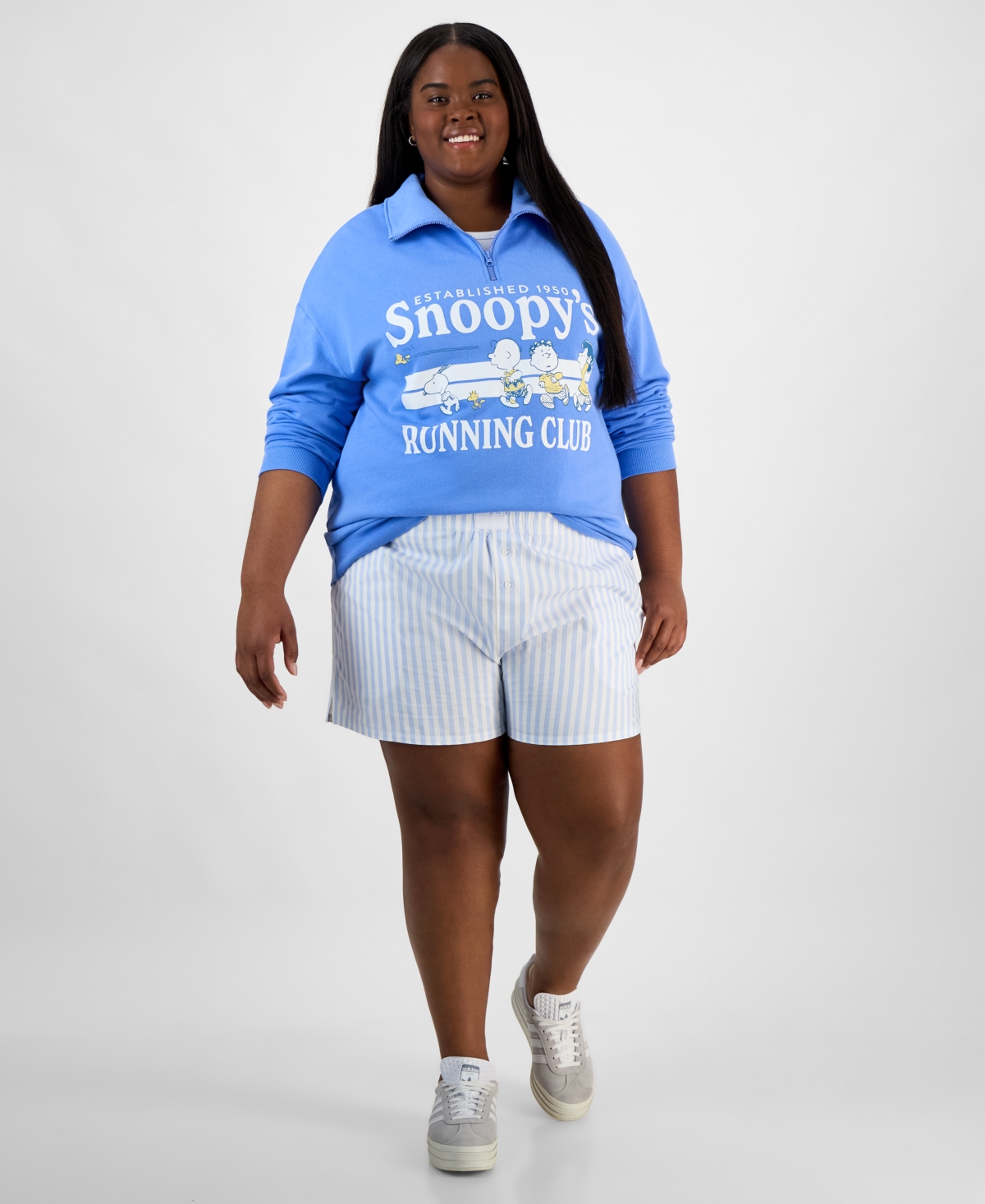 Love Tribe Trendy Plus Size Snoopy Running Club Half Zip Sweatshirt Striped Boxer Shorts In White,blue
